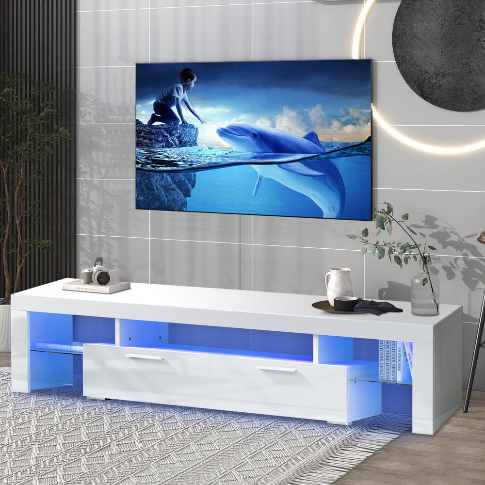 Uhomepro TV Stand for Tvs up to 70", Living Room Entertainment Center with RGB LED Lights and Storage Shelves Furniture, White High Gloss TV Cabinet Console Table