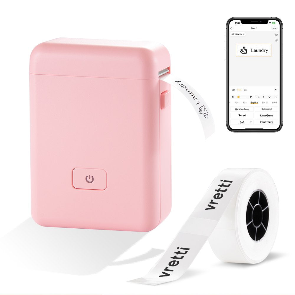 VRETTI HP2 Label Maker Machine with Tape, Portable Bluetooth Label Printer, Small Sticker Printing Machine Compatible with iOS + Android,Easy to Use Inkless Rechargeable heat for Home Office