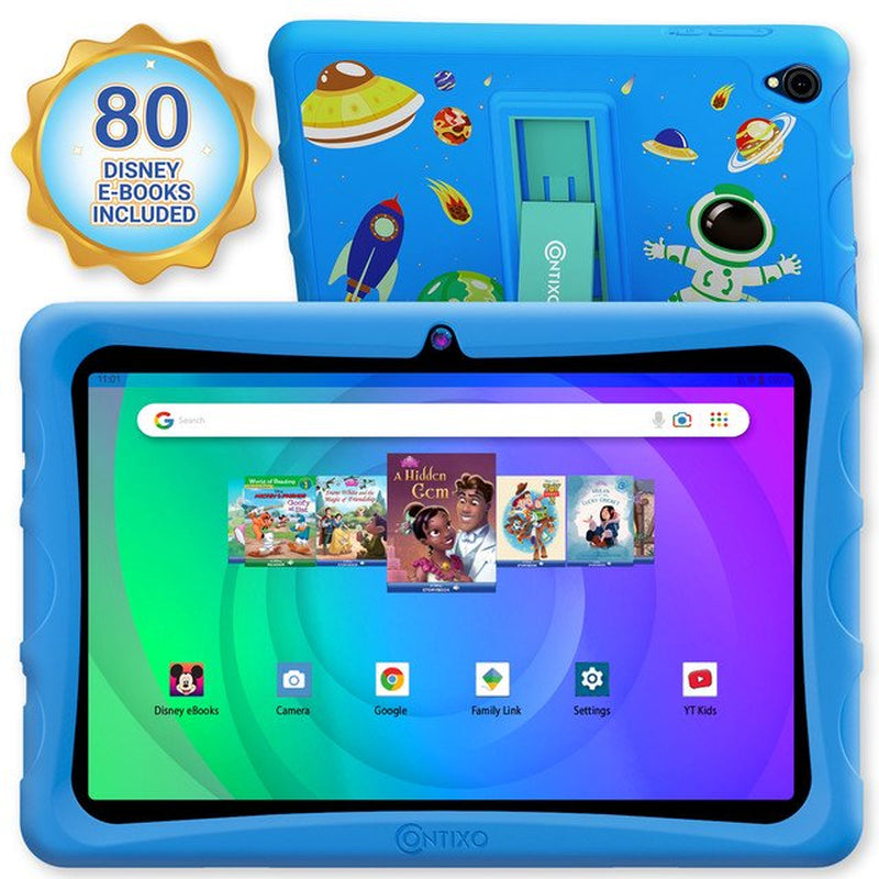 Contixo 10" Android Kids Tablet 64GB, Includes 80+ DisneyStorybooks & Stickers, Kid-Proof Case with Kickstand, (2023 Model) - Blue