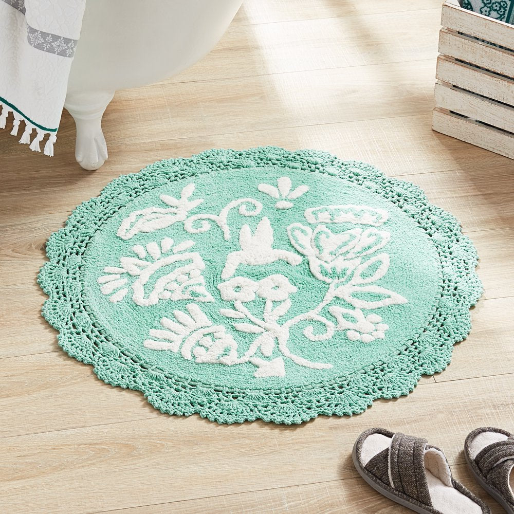  Floral Crochet round Cotton Bath Rug, Mint, 24" X 24"