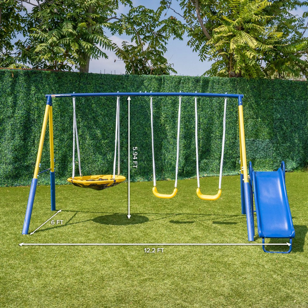 Sportspower Super Saucer Metal Swing Set with 2 Swings, Saucer Swing and a 1pc Heavy Duty Slide