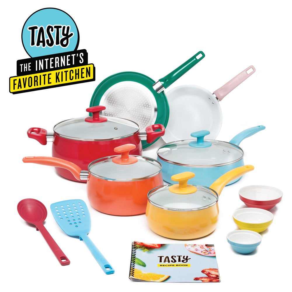 Tasty Ceramic Titanium-Reinforced Non-Stick Cookware Set, Multicolor, 16 Piece