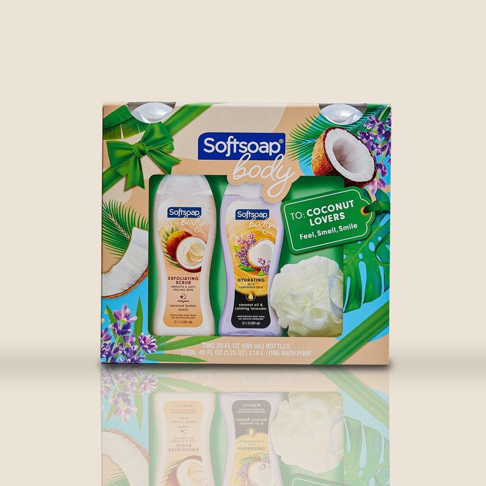 Softsoap Body Wash Coconut Lovers Gift Set, 2- 20 oz Bottles + Pouf