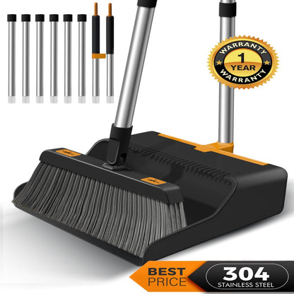 FVSA Broom and Dustpan/Dustpan with Broom Combo with 50.4" Long Handle Broom and Dustpan Set for Home (Black+Orange)