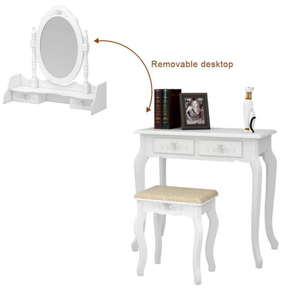 Ktaxon Elegance White Dressing Table Vanity Table and Stool Set Wood Makeup Desk with 4 Drawers & Mirror