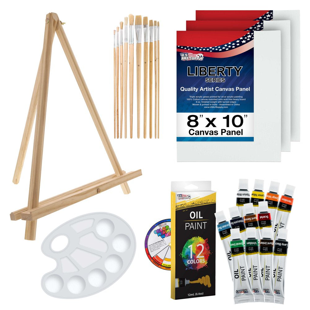  28-Piece Artist Oil Painting Set with 12 Vivid Oil Paint Colors, 12" Easel, 3 Canvas Panels, 10 Brushes, Painting Palette, Color Mixing Wheel - Fun Students, Adults Starter Art Kit