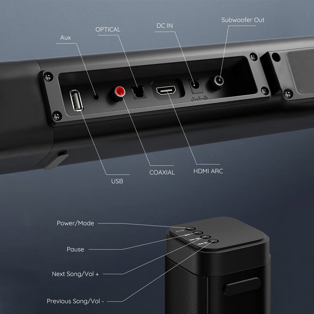 DR.J Professional Soundbar with Subwoofer, 2.1 CH Separable Sound Bars for TV, Bluetooth/Hdmi-Arc/Aux/Opt 3D Surround Sound