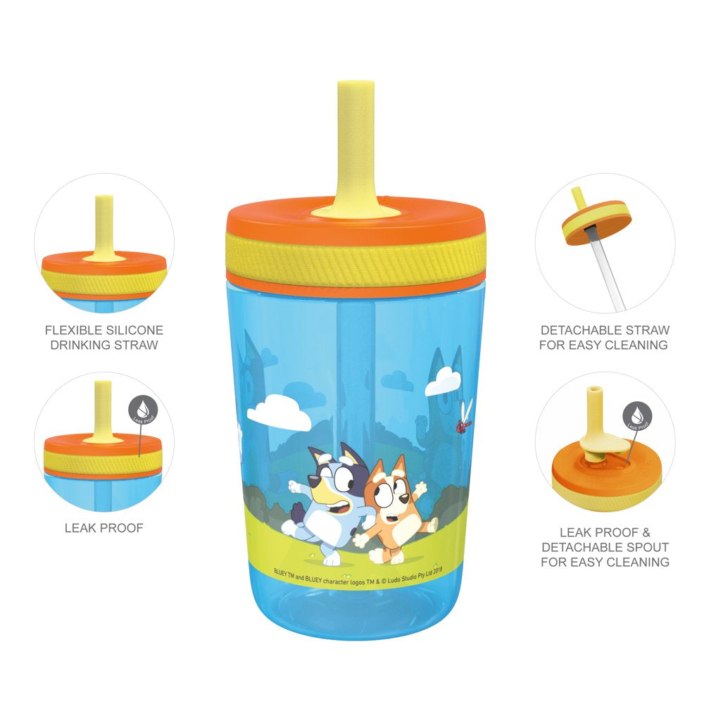 Zak Designs 15 oz Travel Straw Tumbler Plastic and Silicone with Leak-Proof Valve for Kids, 2-Pack Bluey