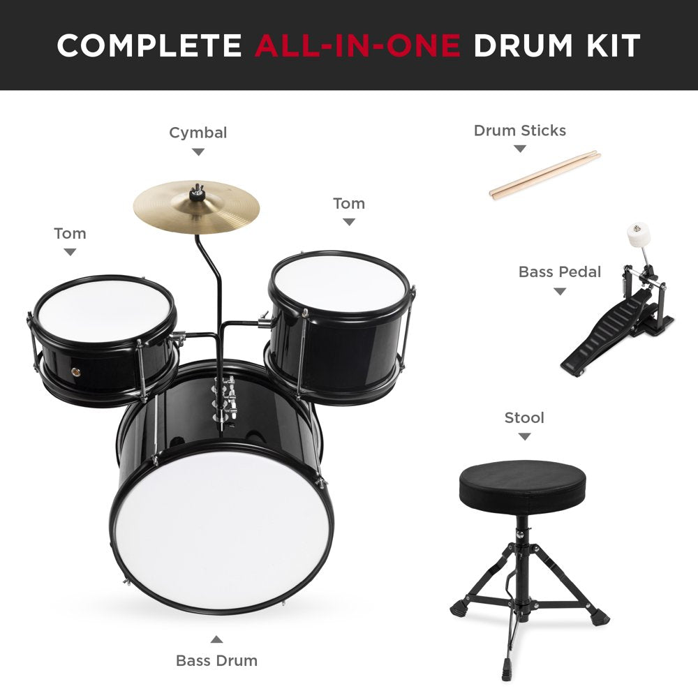 Best Choice Products 3-Piece Junior Drum Set with Throne, Pedal, Drumsticks - Black