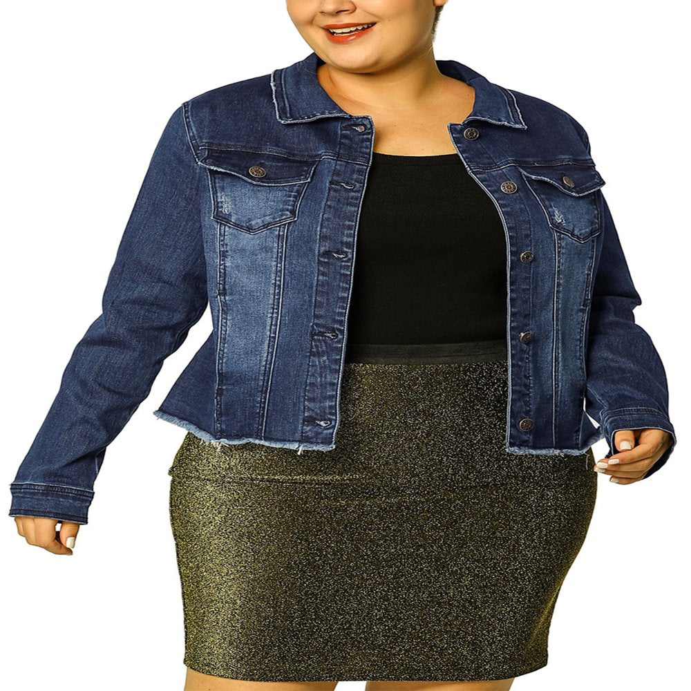  Women's Plus Size Outfits Classic Washed Front Frayed Denim Jacket