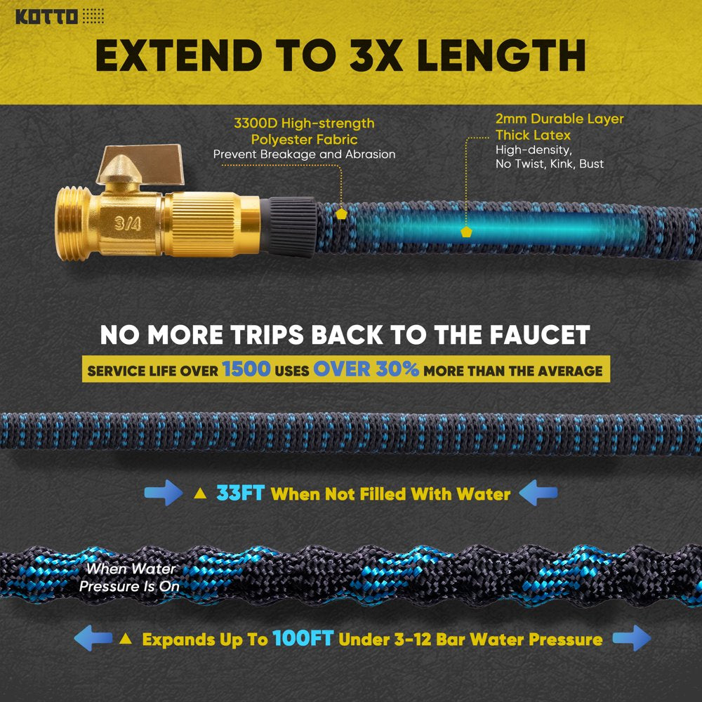 KOTTO Expandable Garden Hose 100ft with 10 Spray Nozzles, Hose Holder, Multi-Purpose Anti-Rust Solid Brass Connector and Leak-Proof Design, Light Weight No Kink Flexible