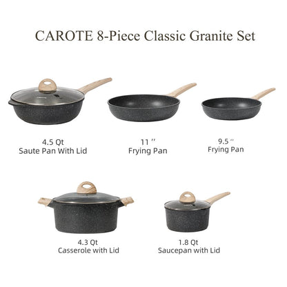 Carote Nonstick Pots and Pans Set, 8 Pcs Granite Stone Kitchen Cookware Sets (Black)