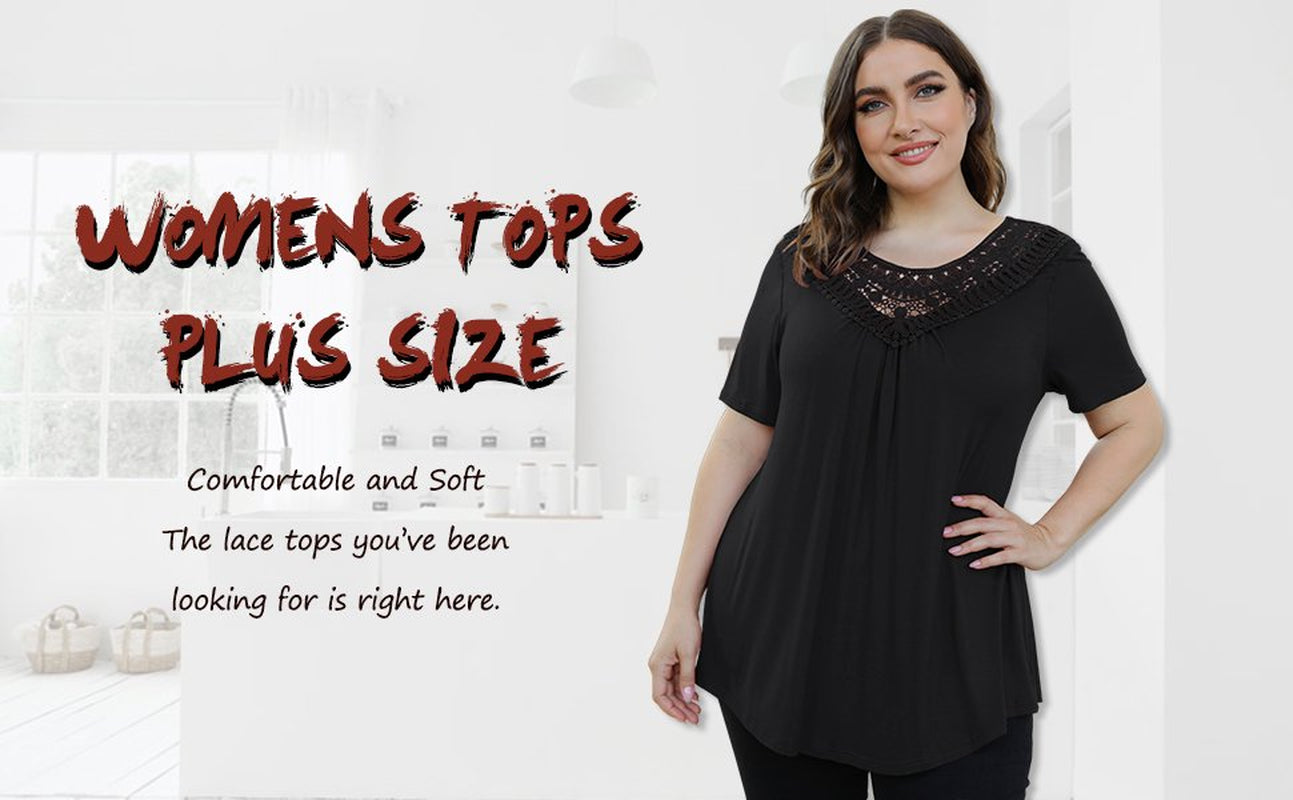 FOLUNSI Women's Plus Size Summer Tops Short Sleeve Lace Pleated Blouses Tunic Tops M-4XL