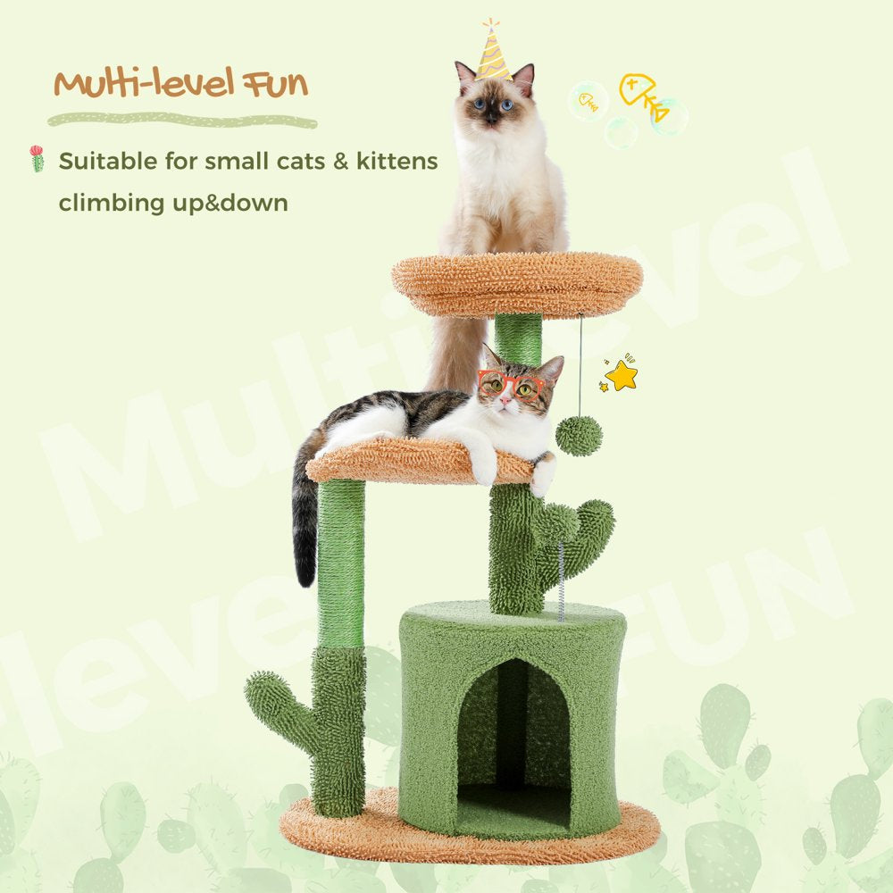 PAWZ Road 32" Cat Tree Tower with Cactus Sisal Scratching Posts Condo Perch for Indoor Small Cats, Green