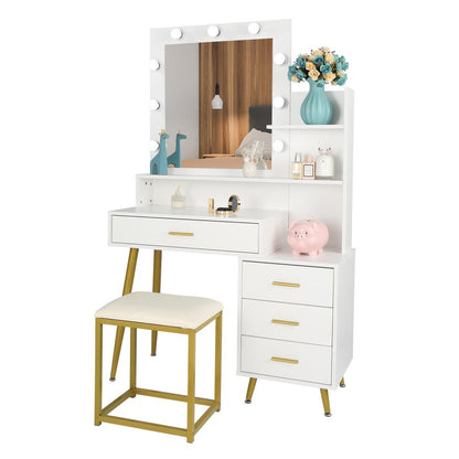 Ktaxon Vanity Table Set with Lighted Mirror, Makeup Table with 4 Drawers, Dressing Vanity Tables, Dresser Desk for Girls, Women, White