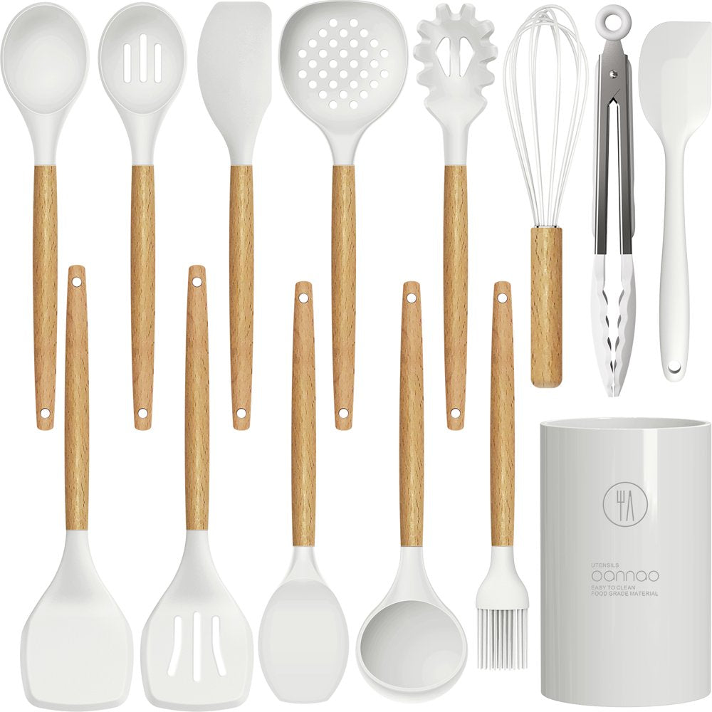 Silicone Cooking Utensils Kitchen Utensil Set - 446°F Heat Resistant,Turner Tongs,Spatula,Spoon,Brush,Whisk. Wooden Handles Khaki Kitchen Gadgets Tools Set for Non-Stick Cookware (BPA Free)