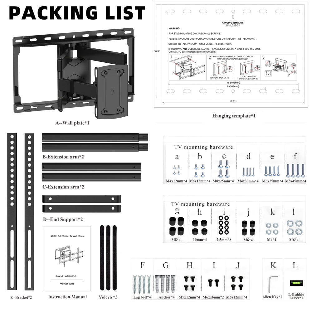 USX MOUNT Full Motion TV Wall Mount for 47-90 inch TVs Swivels Tilts Extension Leveling Hold up to 132lb Max VESA 600x400mm, 16" Wood Stud