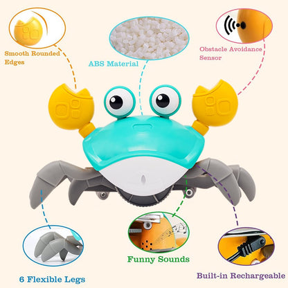 Crawling Crab Baby Toy with Music and Lights Automatically Avoid Obstacles, Walking Crab Toy for Toddlers 1+ Years Old