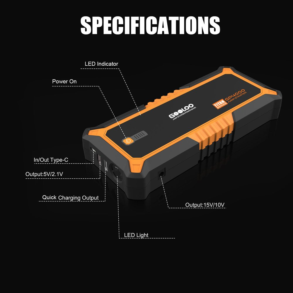 GOOLOO Car Jump Starter,4000A Peak 12V Battery Jumper Box for All Gas and Up to 10.0L Diesel Engine,Portable Battery Booster Pack SuperSafe with USB Quick Charge and Type C