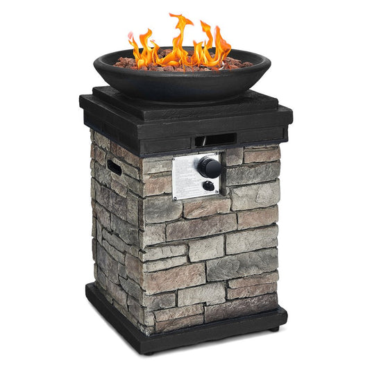 Costway Patio Propane Burning Fire Bowl Column W/ Lava Rocks & Cover 40,000 BTU