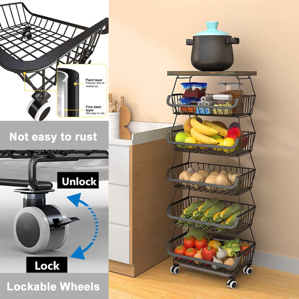 6-Tier Multifunction Fruit Vegetable Rack, Stackable Rolling Cart with Solid Wood, Kitchen Storage Rack