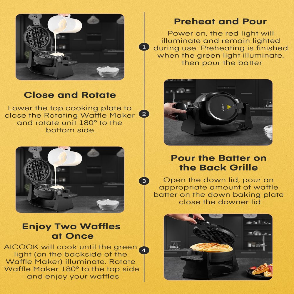 Double Belgian Waffle Maker 180° Flip, 1400W, Nonstick, Black, New, AICOOK