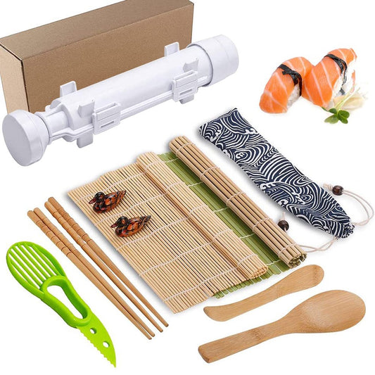 Sushi Making Kit, 2 Bamboo Sushi Mats and 1 Professional Sushi Bazooka Rice Roller, 2 Pairs of Bamboo Chopsticks, Avocado Slicer Holder Paddle Spreader, Rolling, Beginner Sushi Kit DIY at Home