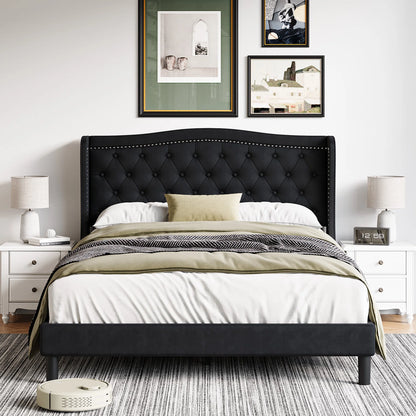 Homfa Full Bed Frame for Kids, Modern Bed Frame with Wing-Back Button Tufted Upholstered Headboard, Dark Gray