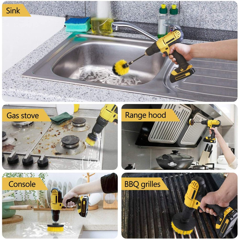 5 Pack Drill Brush Attachments Set Power Scrubber Cleaning Brush Bathroom Scrub Brushes Corners Cleaning Brush kit with Extend Long Attachment for Grout, Floor, Tub, Shower, Tile, Kitchen