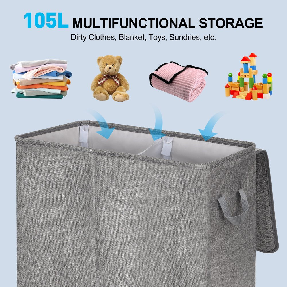 YOUPINS Double Laundry Hamper with Lid and Removable Laundry Bags, Large Collapsible 2 Dividers Dirty Clothes Basket with Handles for Bedroom, Laundry Room, Closet, Bathroom, College, Dark Gray