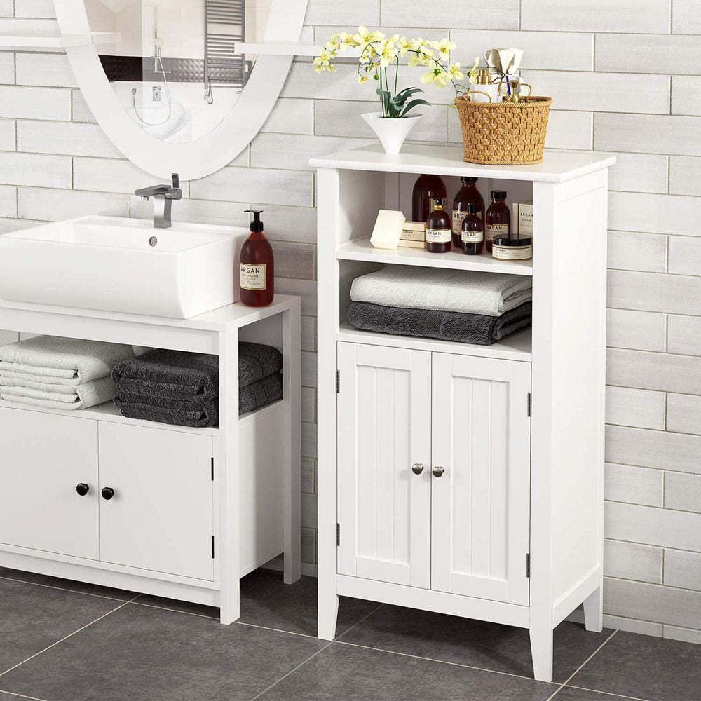 2 Tier Shelves Bathroom Storage Cabinet, Wood Storage Floor Cabinet with 2 Doors, White