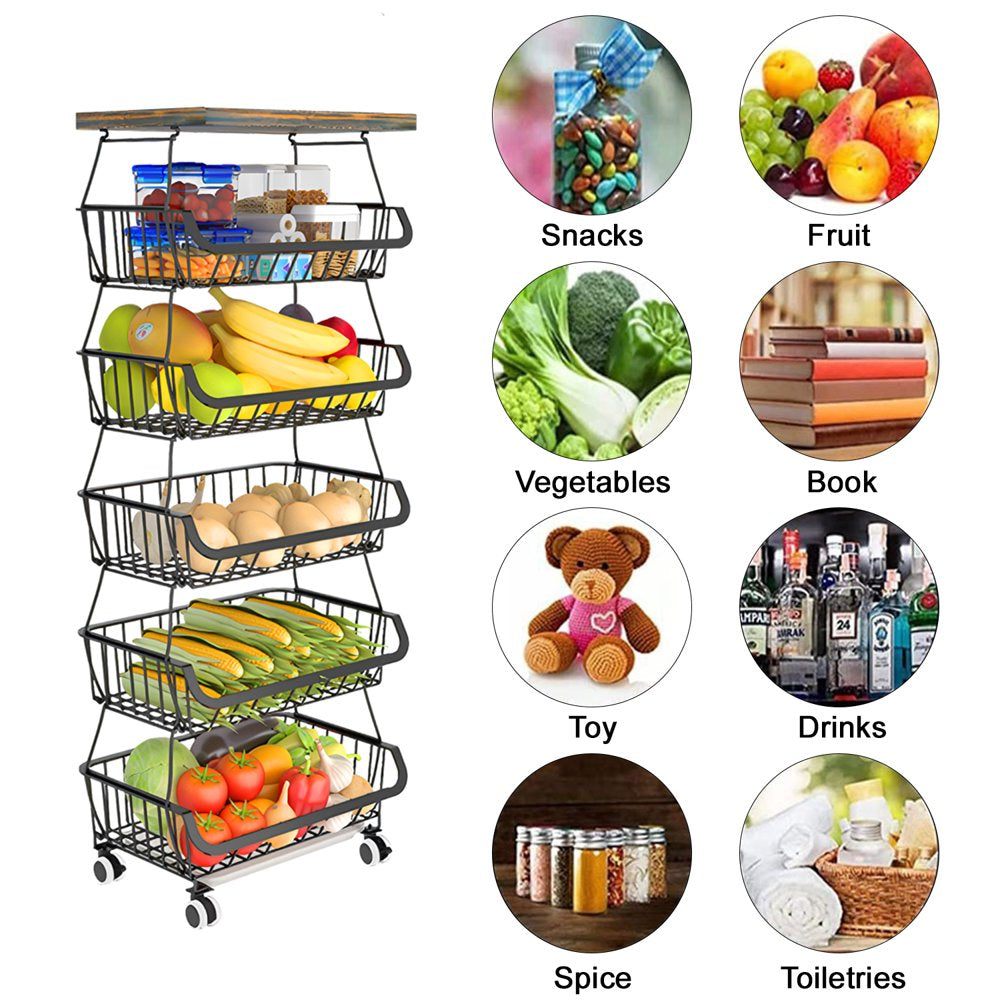 6-Tier Multifunction Fruit Vegetable Rack, Stackable Rolling Cart with Solid Wood, Kitchen Storage Rack