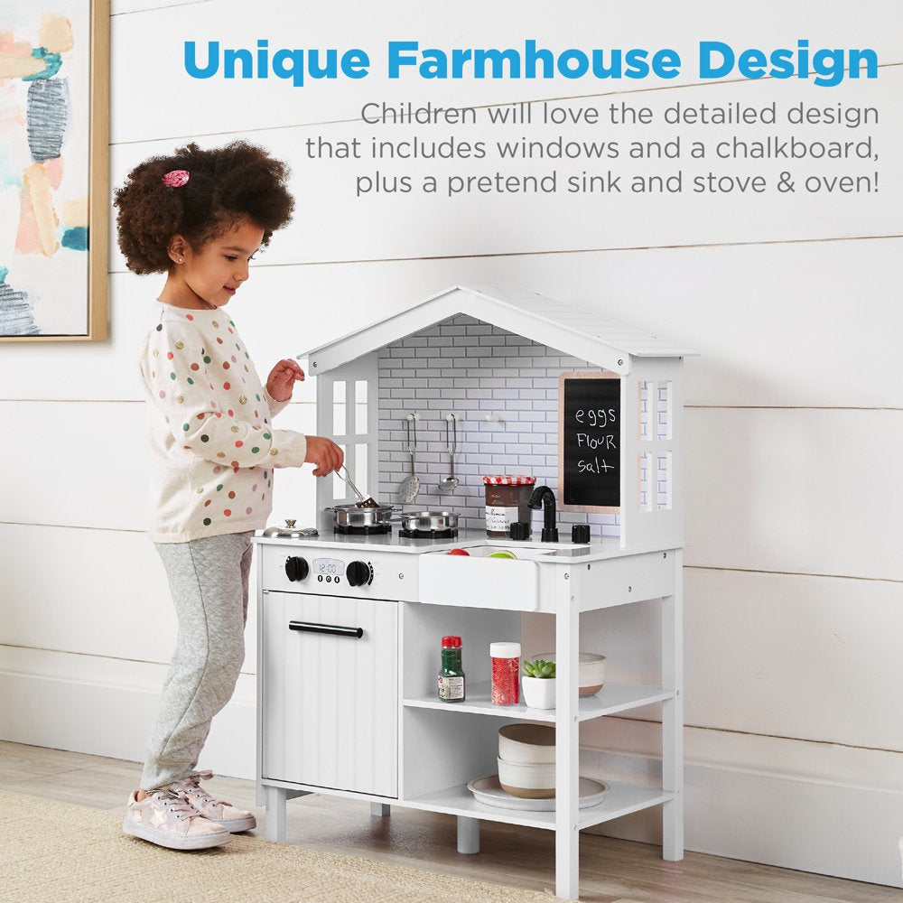 Best Choice Products Farmhouse Play Kitchen Toy for Kids w/ Chalkboard, Storage Shelves, 5 Accessories - White