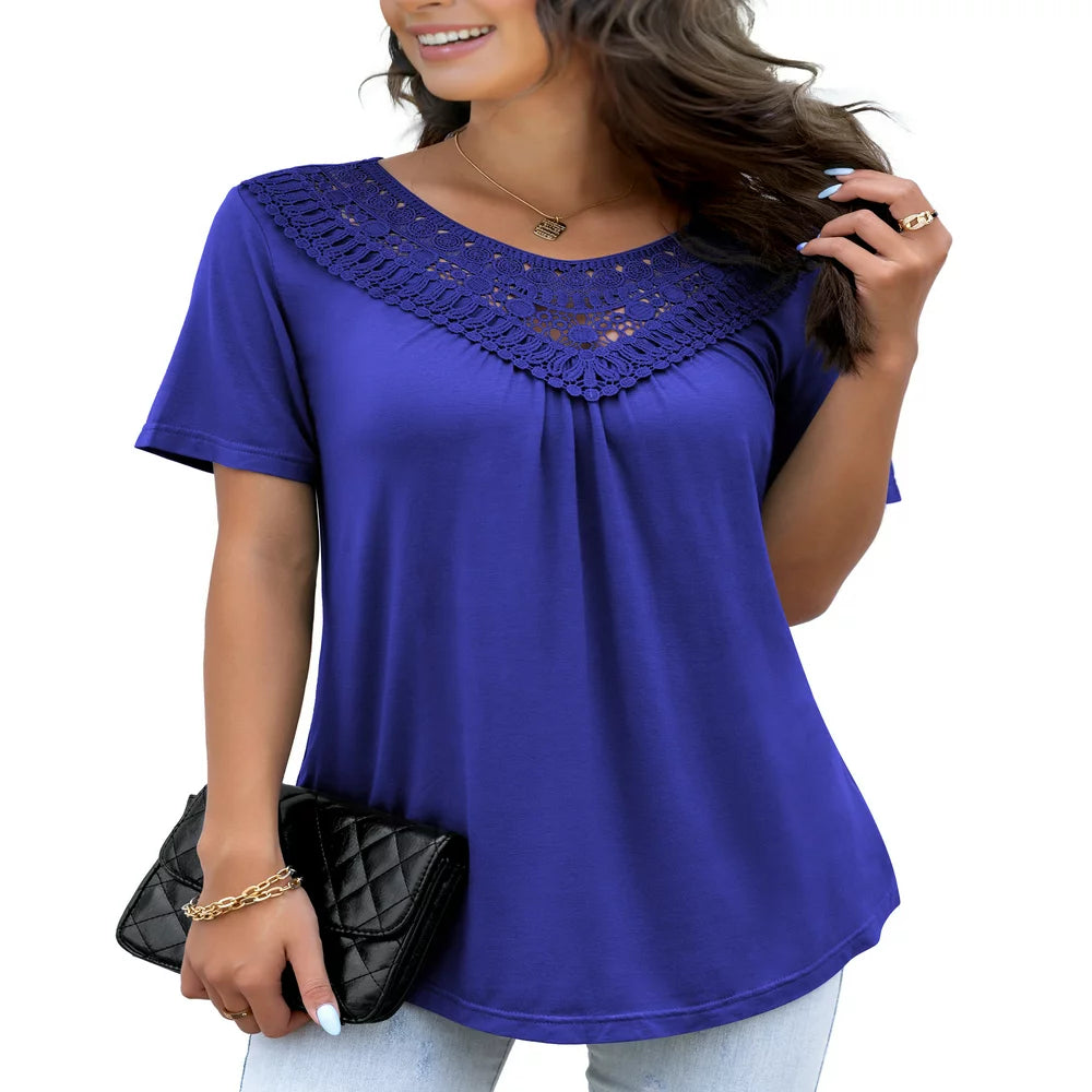 FOLUNSI Women's Plus Size Summer Tops Short Sleeve Lace Pleated Blouses Tunic Tops M-4XL