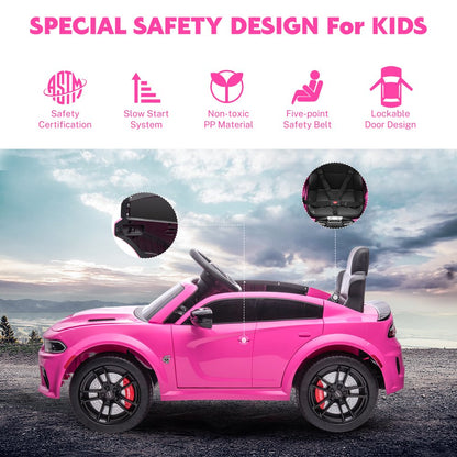 Dodge Electric Ride on Cars for Kids, 12 V Licensed Dodge Charger SRT Powered Ride On Toys Cars with Parent Remote Control, Electric Car for Girls 3-5 w/Music Player/LED Headlights/Safety Belt, Pink