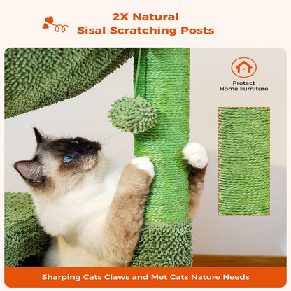 PAWZ Road Cactus Cat Tree Condo 39.4" with Hammock Perch, Cat Sisal Scratching Post for Indoor Kitty Medium Cats,Green