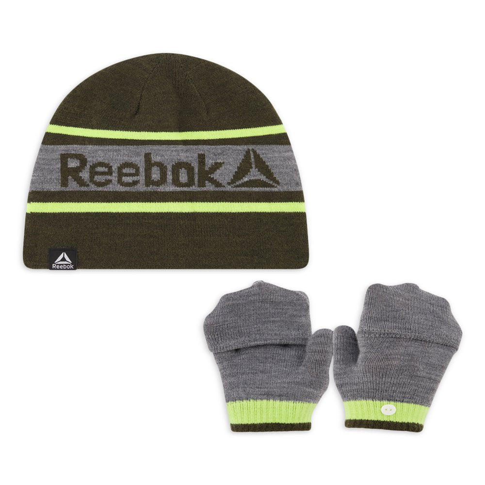 Reebok Boys Reversible Beanie with Pop Top Mittens Set