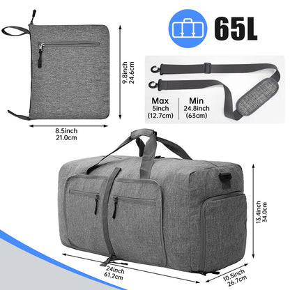 Travel Duffel Bag for Men, 65L Foldable Duffle Bags with Shoes Compartment, Overnight Bag for Men Women Waterproof & Tear Resistant (Gray)