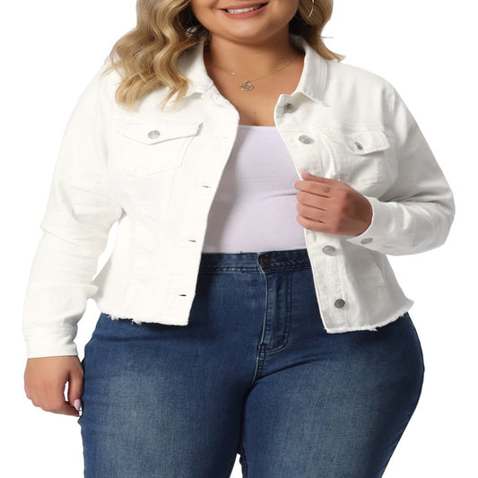  Women's Plus Size Outfits Classic Washed Front Frayed Denim Jacket