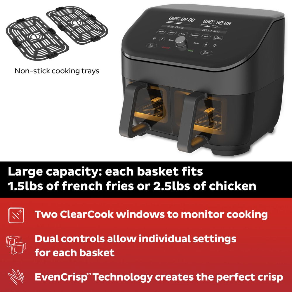 Instant 8-Quart Vortex plus 2-Basket Air Fryer Oven, Black - Clearcook Windows, Digital Touchscreen