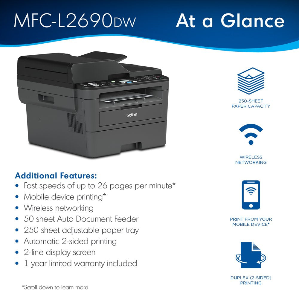 Brother MFC-L2690DW Monochrome Laser All-in-One Printer, Duplex Printing, Wireless Connectivity