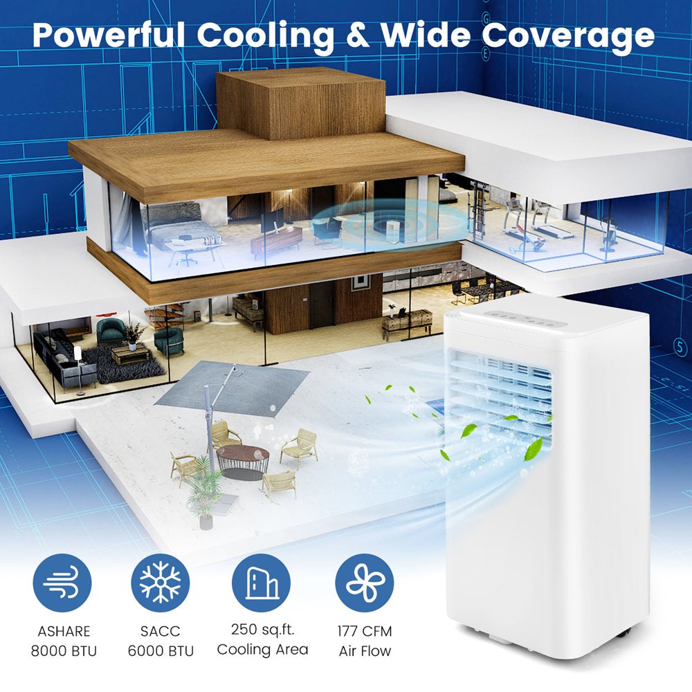 Costway 6000 BTU (8000 BTU ASHRAE) Portable Air Conditioner 3-In-1 AC Unit with Cool Dehum Fan Sleep Mode