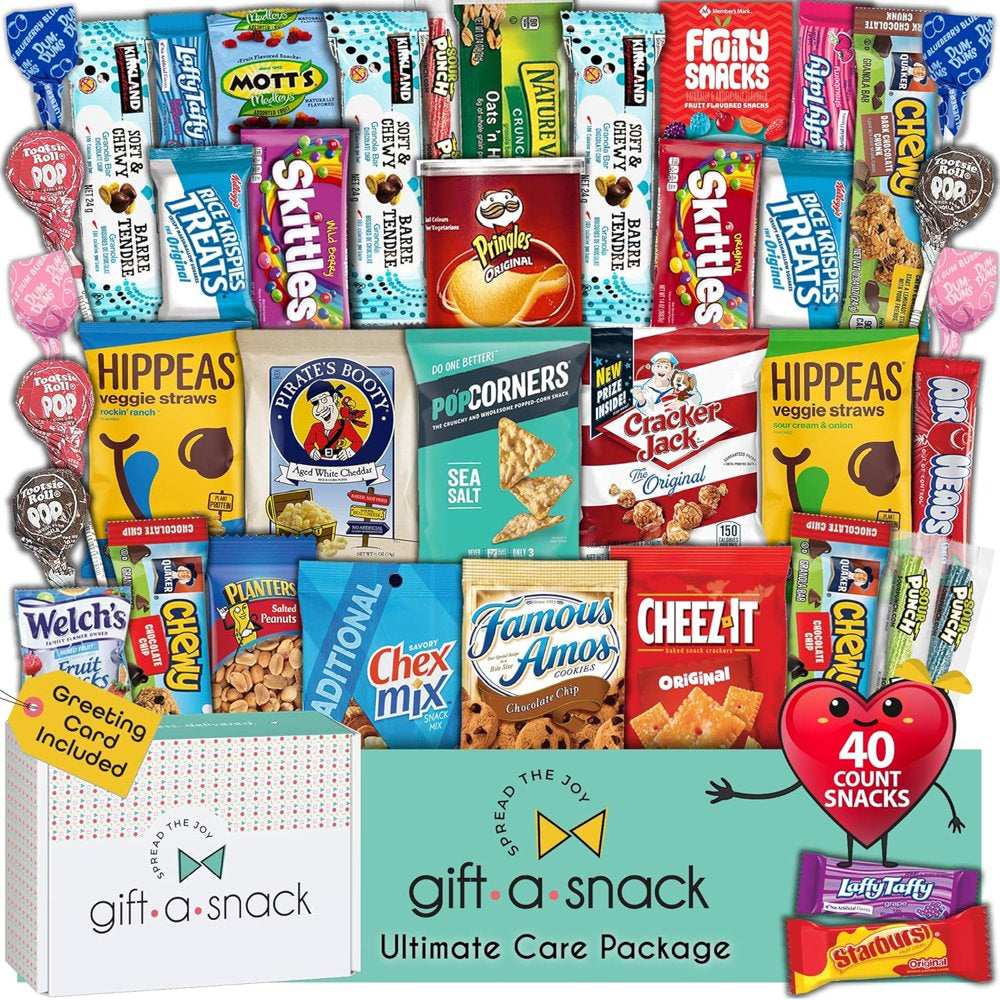 Snack Box 40 Count Sweet Treats Gift Basket - Candies, Chips, Crackers, Bars, Variety Pack with Greeting Card