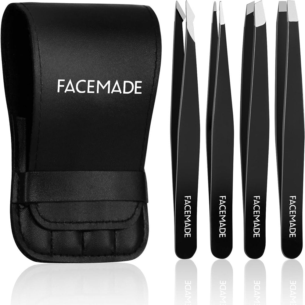 4 Pcs Tweezers Set,Stainless Steel Hair Removal Makeup Tool,Gift,Black