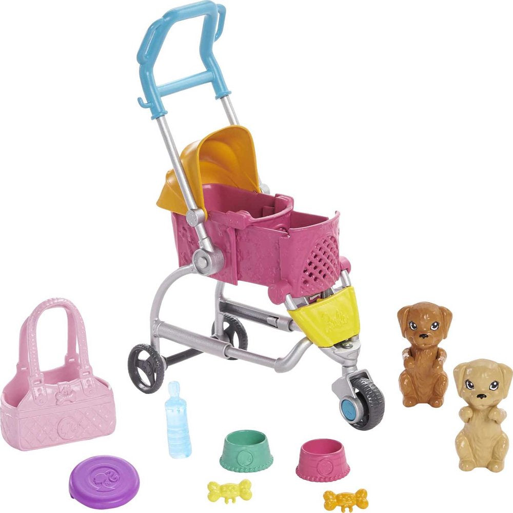 Barbie Stroll & Play Pups Playset with Blonde Doll, Transforming Stroller, 2 Pets & Accessories