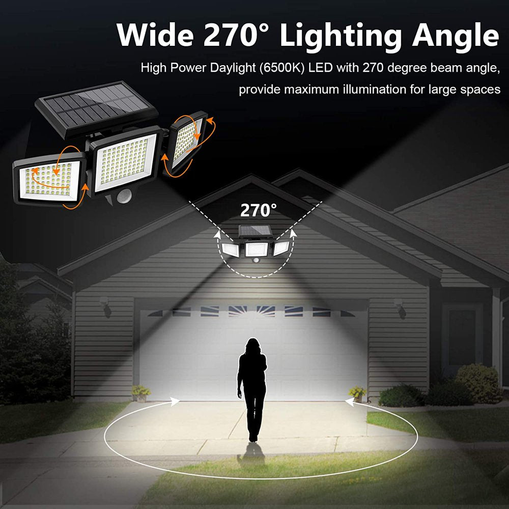 Solar Lights Outdoor - Waterproof Motion Sensor Security Lights with Wireless Remote Control - 2500LM 3Heads 210LED Flood Lights for Patio Garage Yard Entryways