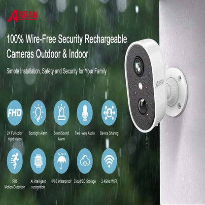 2K Wireless Outdoor Security Camera with Spotlight, Waterproof, PIR Detection, 2.4Ghz Wi-Fi, Rechargeable Battery Powered Home Surveillance Camera with Color Night Vision, 2-Way Audio, White