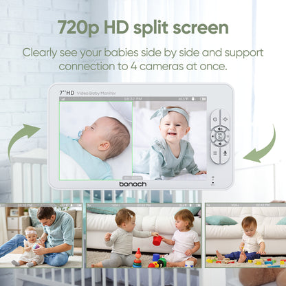 bonoch Baby Monitor with 2 Cameras 7" 720P HD LCD Split Screen Video Audio No WiFi Auto Night Vision