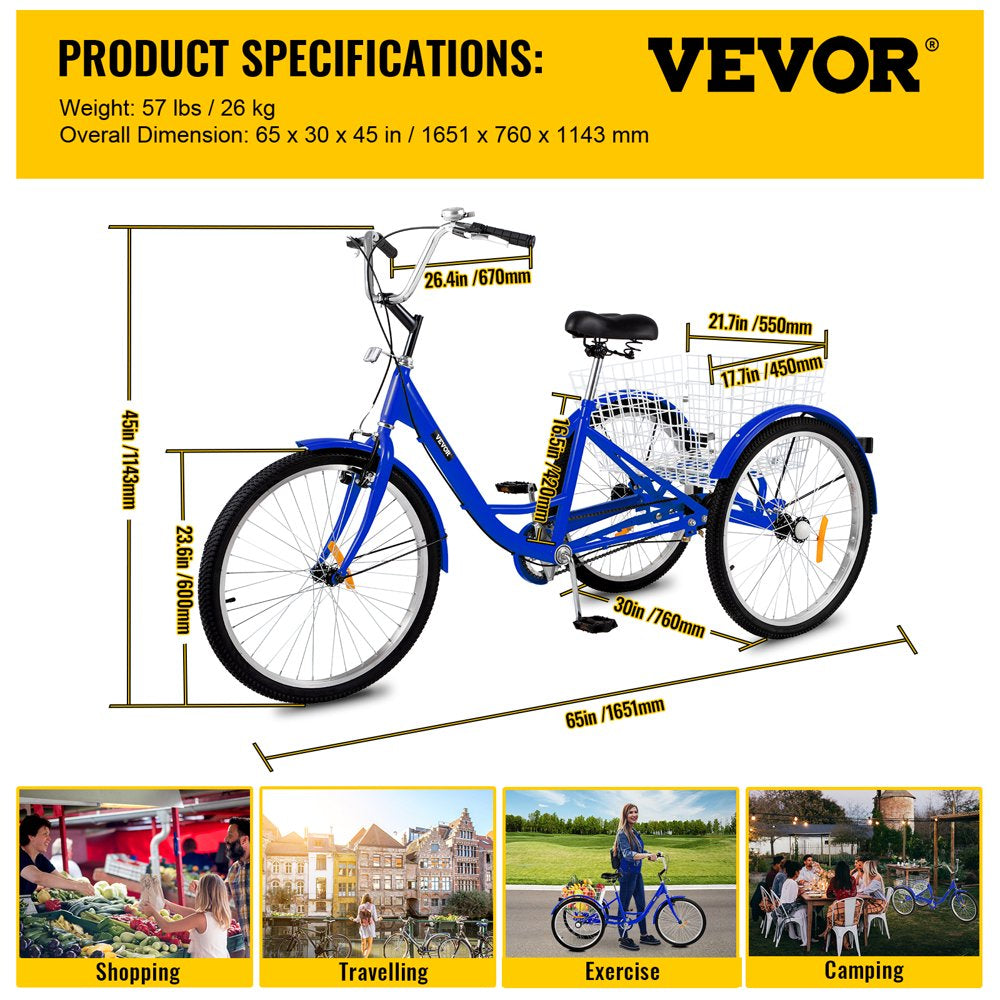 VEVOR Adult Tricycle 24",1-Speed 3 Wheel Bike Seat Adjustable Trike with Bell Brake System and Basket Cruiser Bicycles Large Size for Shopping( Blue)
