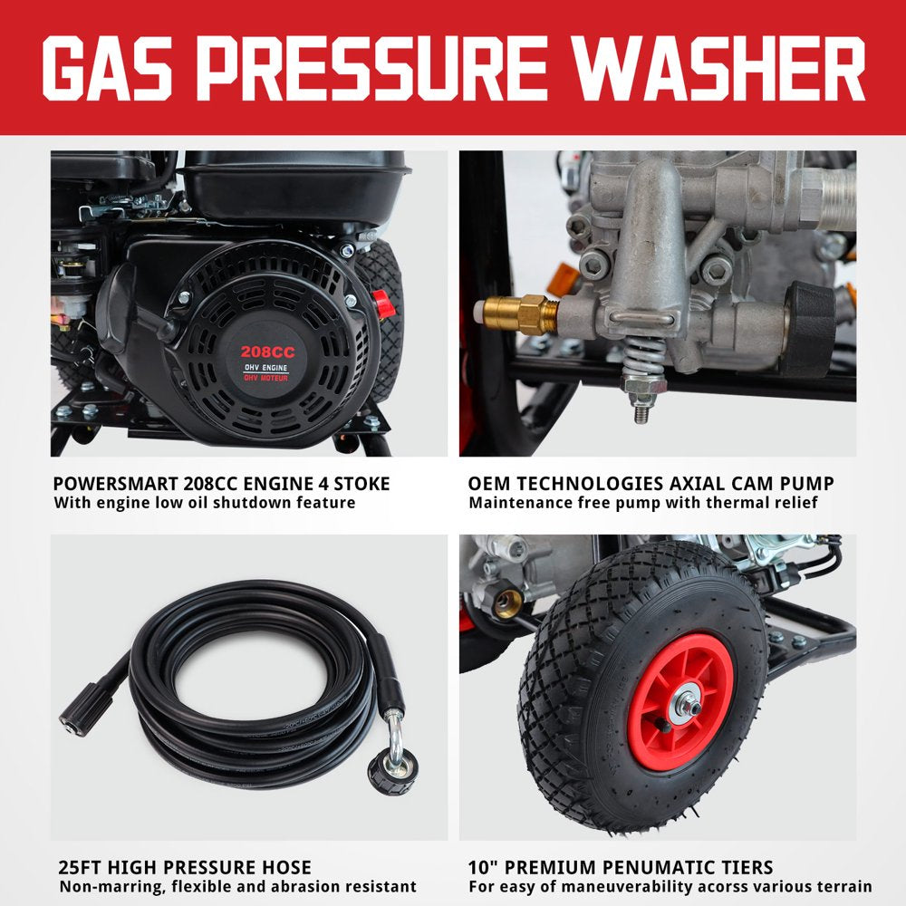 PowerSmart 3200PSI Gas Pressure Washer with 5 Nozzles & Soap Tank High Pressure Washer,70lb